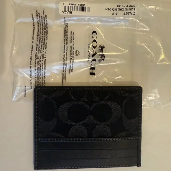 Coach Black Leather Signature C Denim SLIM ID Card Case Wallet CAJ47 - Picture 12 of 15
